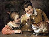 Two Children Reasing a cat